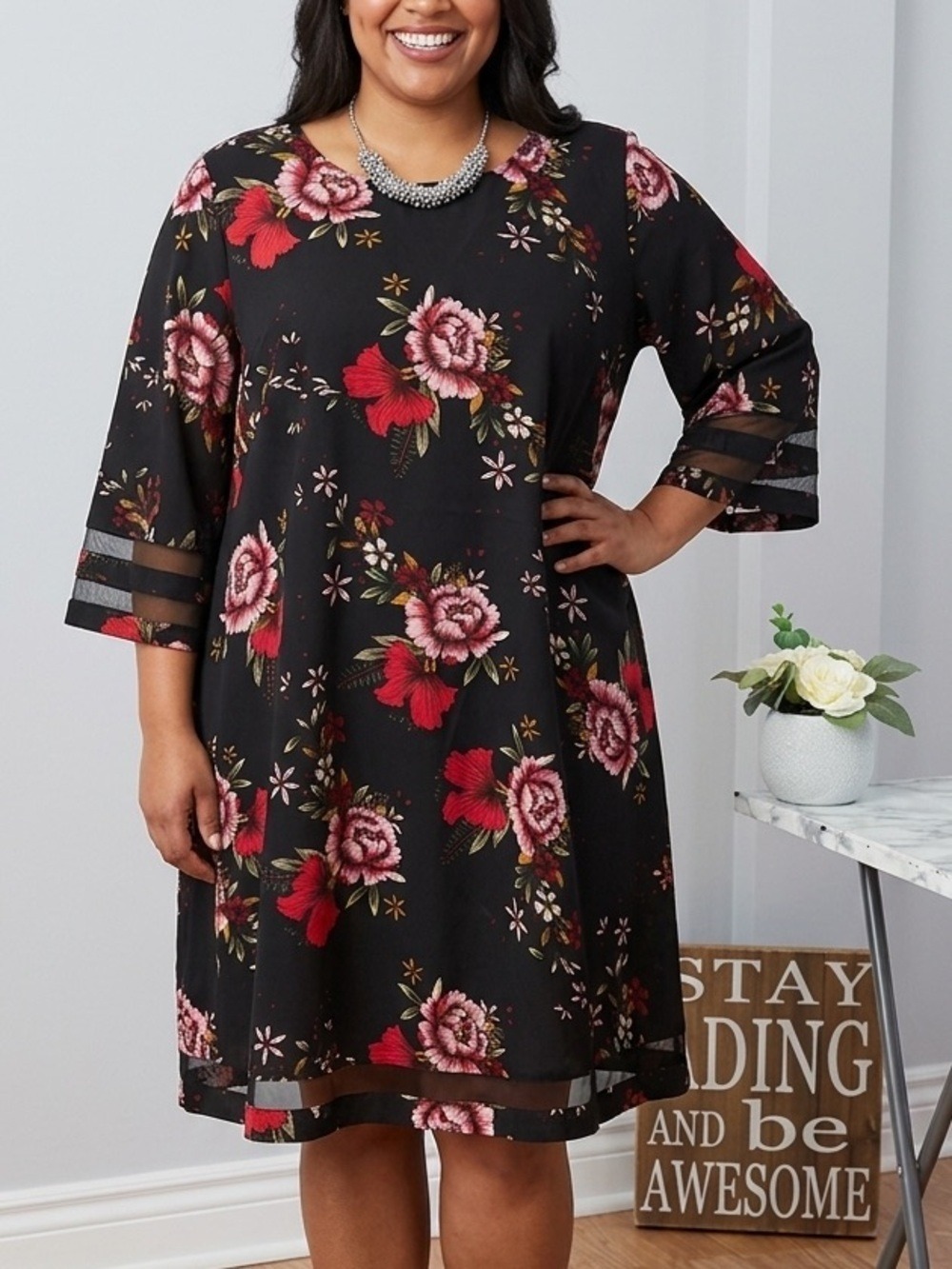 EMERY ROSE Black Red Floral Dress Sheer Panels 4X